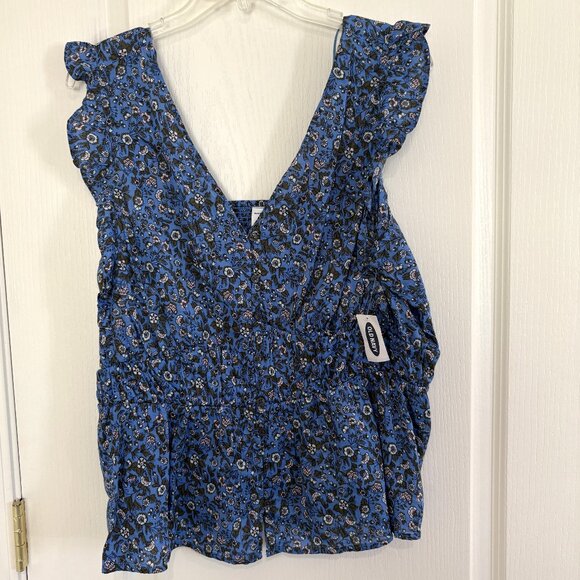 Old Navy Button Front Waist Defined Blouse Smocked Back Peasant Top Blue Floral - Picture 2 of 6
